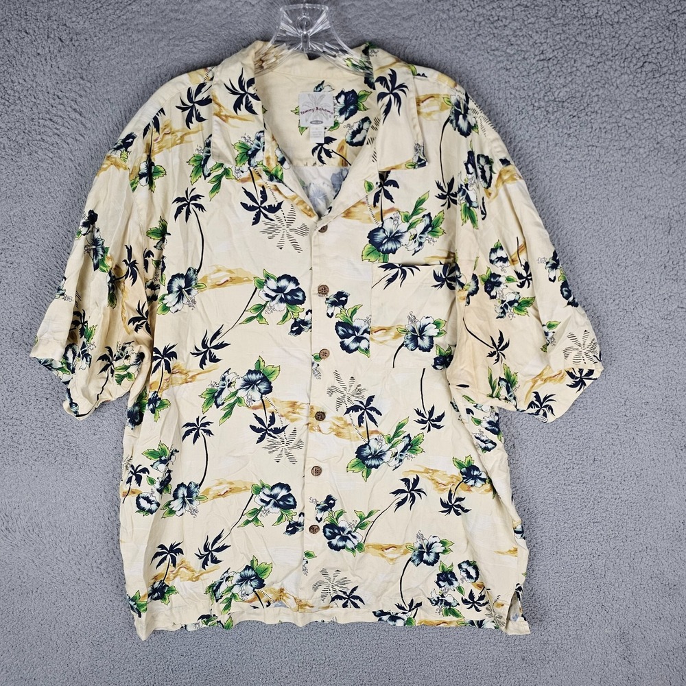 Tommy Bahama Hawaiian Shirt Men XL Beige Hibiscus & Palms Print Silk Button Down